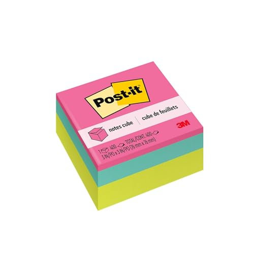 Post-it® Notes Cube, 400 Total Notes, 3" x 3", Bright Colors