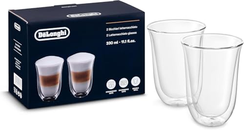 De'Longhi DeLonghi Double Walled Thermo Latte Glasses, Set of 2, 2 Count (Pack of 1), Clear, 330 milliliters