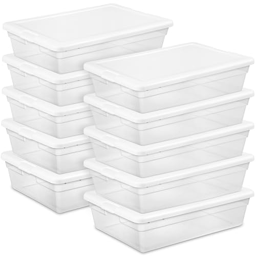Sterilite 10 Pack Storage Box, 28 Quart Stackable Tote, Clear Plastic Container with Secure Snapping Lids for Home and Office Organization, White