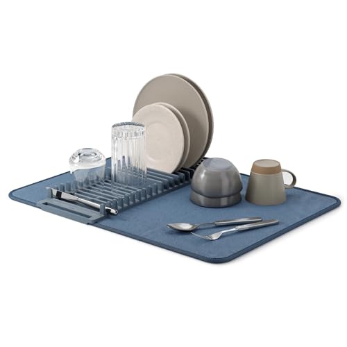 Umbra Udry Dish Rack and Microfiber Drying Mat – Space-Saving Design Folds Up for Easy Storage, Basic Rack, Slate Blue