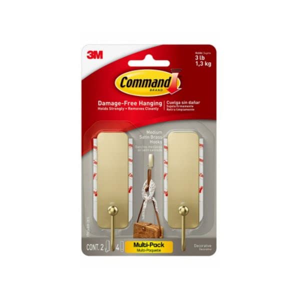 3M Satin Brass Medium Hook 3 lb 2-Pack