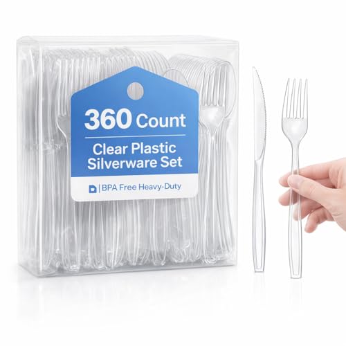 360 Count Extra Heavy Duty Clear Plastic Silverware, 150 Forks, Spoons, 60 Knives, BPA-Free, Heat Resistant, Disposable Utensils, Cutlery Bulk Test
