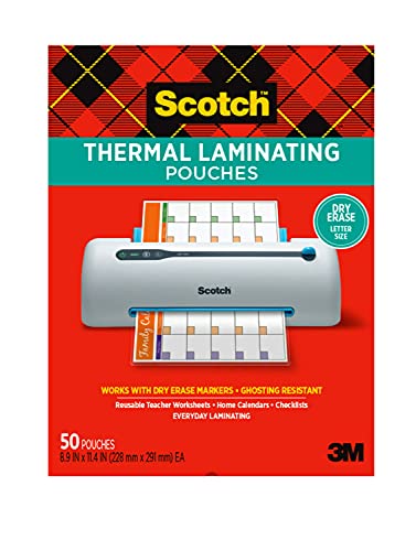 Scotch Dry Erase Thermal Laminating Pouches, 8.9 in x 11.4 in, Clear, Pack of 50 Pouches, TP3854-50DE