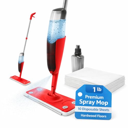 Premium Spray Mop for Floor Cleaning - 10 Disposable Sheets, Hard Wood Floor Cleaner for Mess Free Mopping and Shining