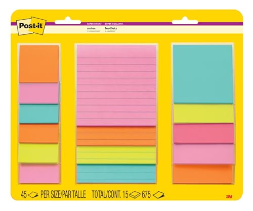 Post-it Super Sticky Notes, 15 Sticky Note Pads, Multi-Size., Back to School Supplies, Office Products, 2X the Sticking Power, Supernova Neons Collection