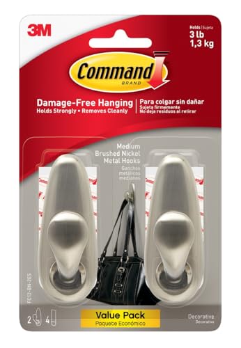 Command Medium Brushed Nickel Hooks, 2 Wall Hooks and 4 Strips, Damage-Free Hanging with Adhesive, No Tools Hanging Christmas Decorations, Holds up to 3 lb