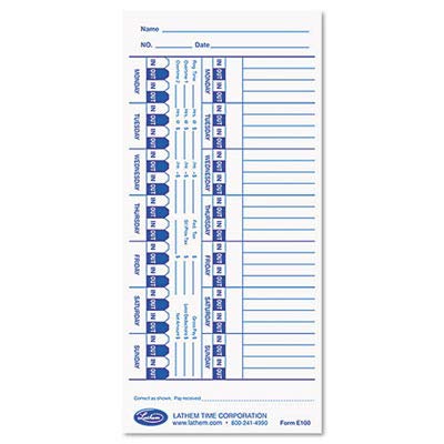 LATHEM Universal Time Card, White, 100 per Pack (Case of 6)