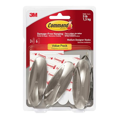 Command Medium Designer Hooks Brushed Nickel 3-Pack
