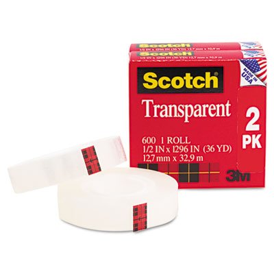 Scotch Transparent Tape, 1/2 in x 1296 in, 2 Rolls