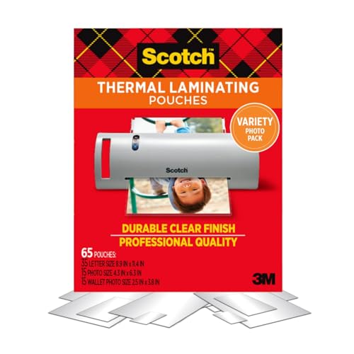 Scotch Thermal Laminating Pouches Variety Pack, Includes 35 Letter Size, 15 Standard Photo Size, and 15 Small Photo, 3 and 5 Mil, 65 Total Laminating Sheets