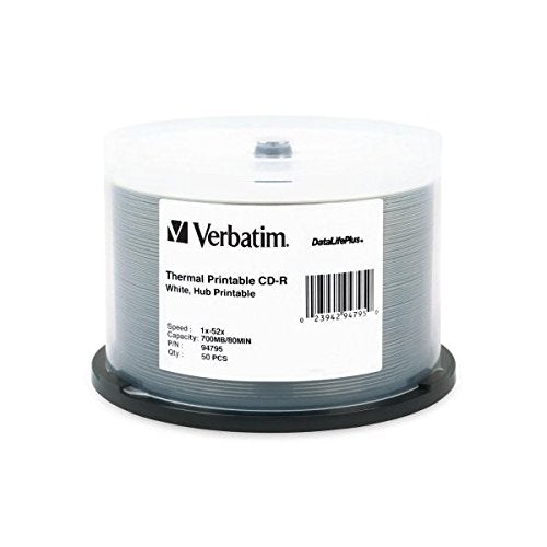 VER94795 - Verbatim CD-R 700MB 52X DataLifePlus White Thermal Printable, Hub Printable - 50pk Spindle