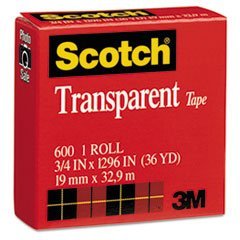 3M Scotch Transparent Tape 600, 3/4" x 36 yds, 12/Case