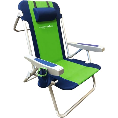 Caribbean Joe Folding Beach Chair, 5 Position Portable Backpack Foldable Camping Chair with Headrest, Cup Holder, and Armrests, Navy/Green