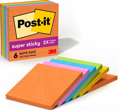Post-it Super Sticky Lined Notes, 6 Sticky Note Pads, 4 x 4 in., School Supplies, Office Products, Sticky Notes for Vertical Surfaces, Monitors, Walls and Windows, Energy Boost Collection