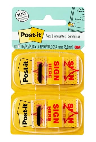 Post-it 680SH2 Sign Here Message Flags, 1-Inch x1-3/4-Inch, 100/PK, Yellow