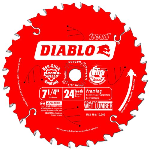 Diablo Framing Saw Blade with Perma-SHIELD for Long Life & Fast Cuts on Woods - 24 Teeth, 7-1/4" Diameter, 5/8" Arbor, .059" Kerf - D0724W