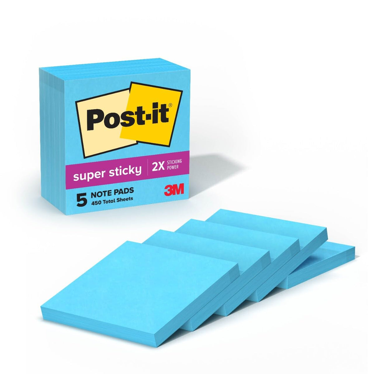 Post-it Super Sticky Notes, 5 Sticky Note Pads, 3 x 3 in., School Supplies, Office Products, Sticky Notes for Vertical Surfaces, Monitors, Walls and Windows, Blue Paradise