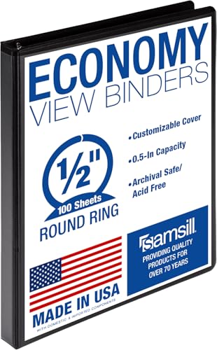 Samsill 0.5 Inch 3 Ring Binder, Made in USA, Economy Round Ring, Clear View Cover, 100 Sheet Capacity - for School, Home, Office - Black