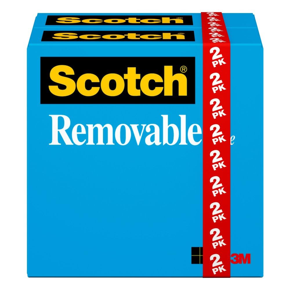 Scotch Removable Tape, 3M Adhesive Tape Sticks and Re-Sticks and Offers Clean Removal from Paper Surfaces, 3/4 in. x 1,296 in., 2 Rolls, 1 in. Core