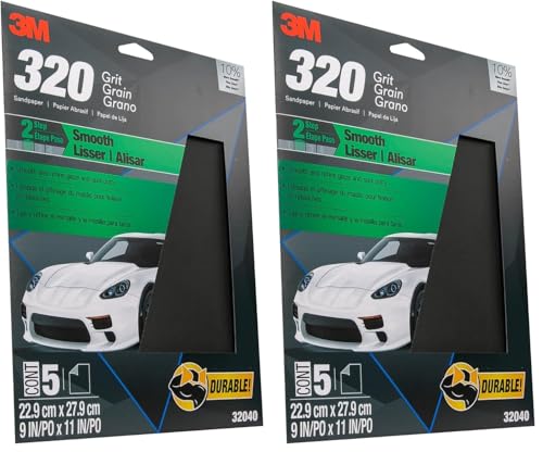 3M Wetordry Sandpaper, 320 Grit, 9 in x 11 in, 5 Sheets, Use for Wet and Dry Sanding, Longer Lasting Sandpaper, Great for Auto Body Repair, Smooth Finish, Waterproof Backing for Wet Sanding (32040)