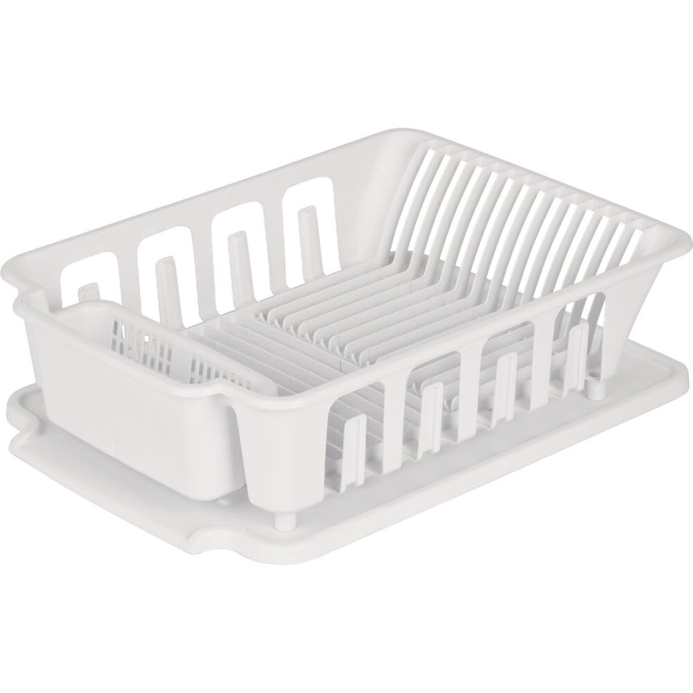 Triplenet Pricing 2-Piece Large Sink Set Dish Rack Drainer, White (18 L x 13 3/4" W x 5 1/2" H), 3/4" L x 3/4" W x 06278006