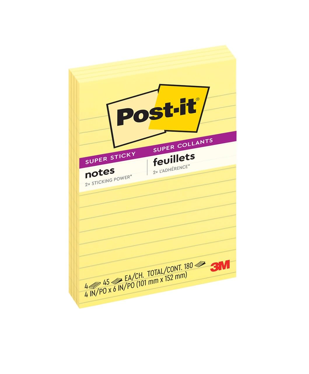 Post-it Super Sticky Notes, 4x6 in, 4 Pads, 2X The Sticking Power, Canary Yellow, Recyclable (4621-SSCY)