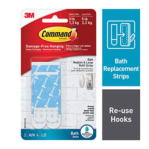 Command Medium & Large Water-Resistant Adhesive Refill Strips, Re-Hang Medium & Large Bath Hooks or Caddies, 6 packs (12 Medium Strips and 24 Large Strips total), BATH22-ES