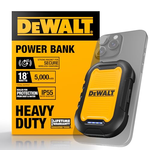 DEWALT Heavy Duty Magnetic Power Bank 5,000mAh, Rugged Wireless Portable Charger 18W Fast Charging Battery Pack, USB-C to C w/USB Adapter Cable 4' Water Resistant Works w/Magsafe iPhone 17/16/15/14