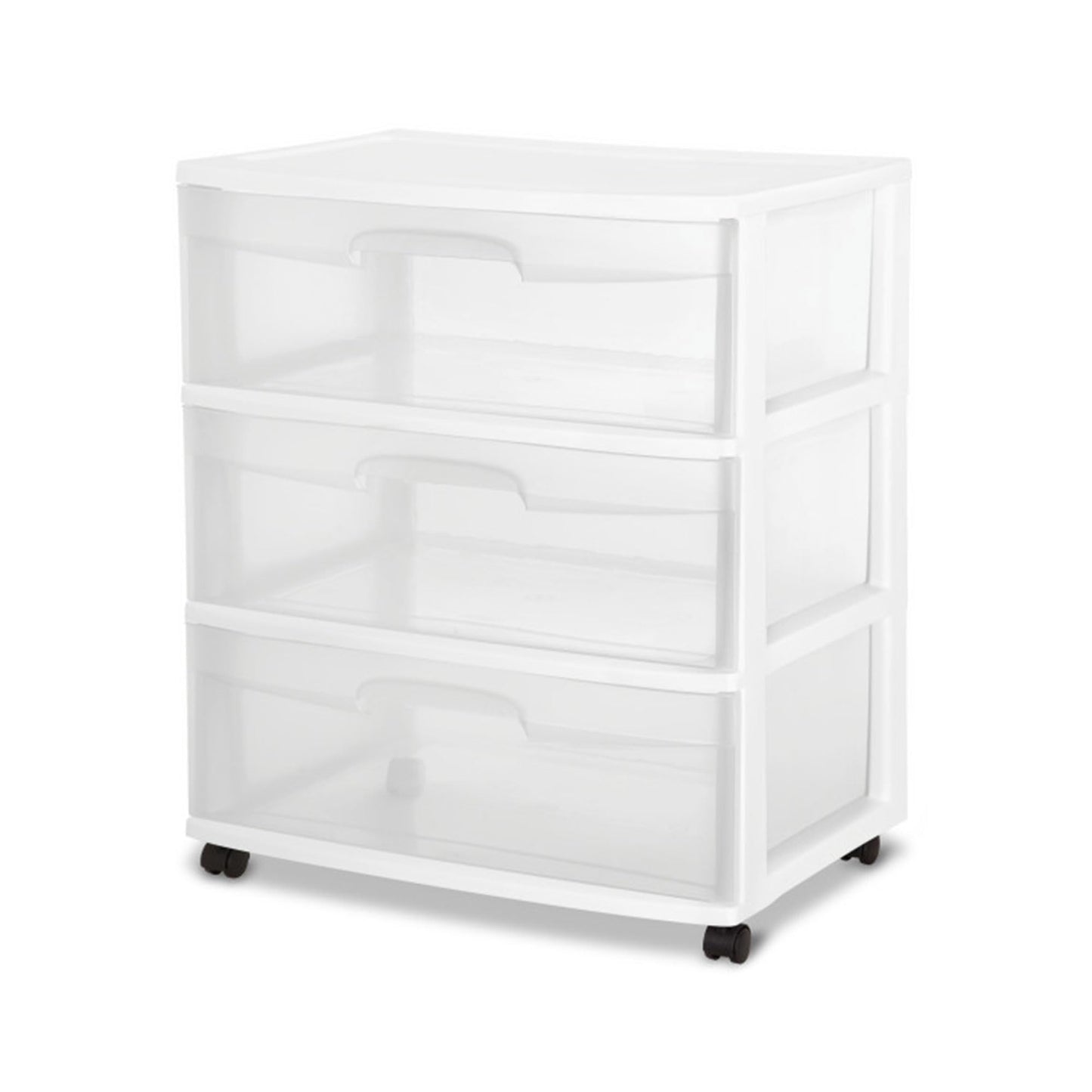 Sterilite Wide 3 Drawer Storage with Wheels, Plastic Rolling Organization Cart, White Frame
