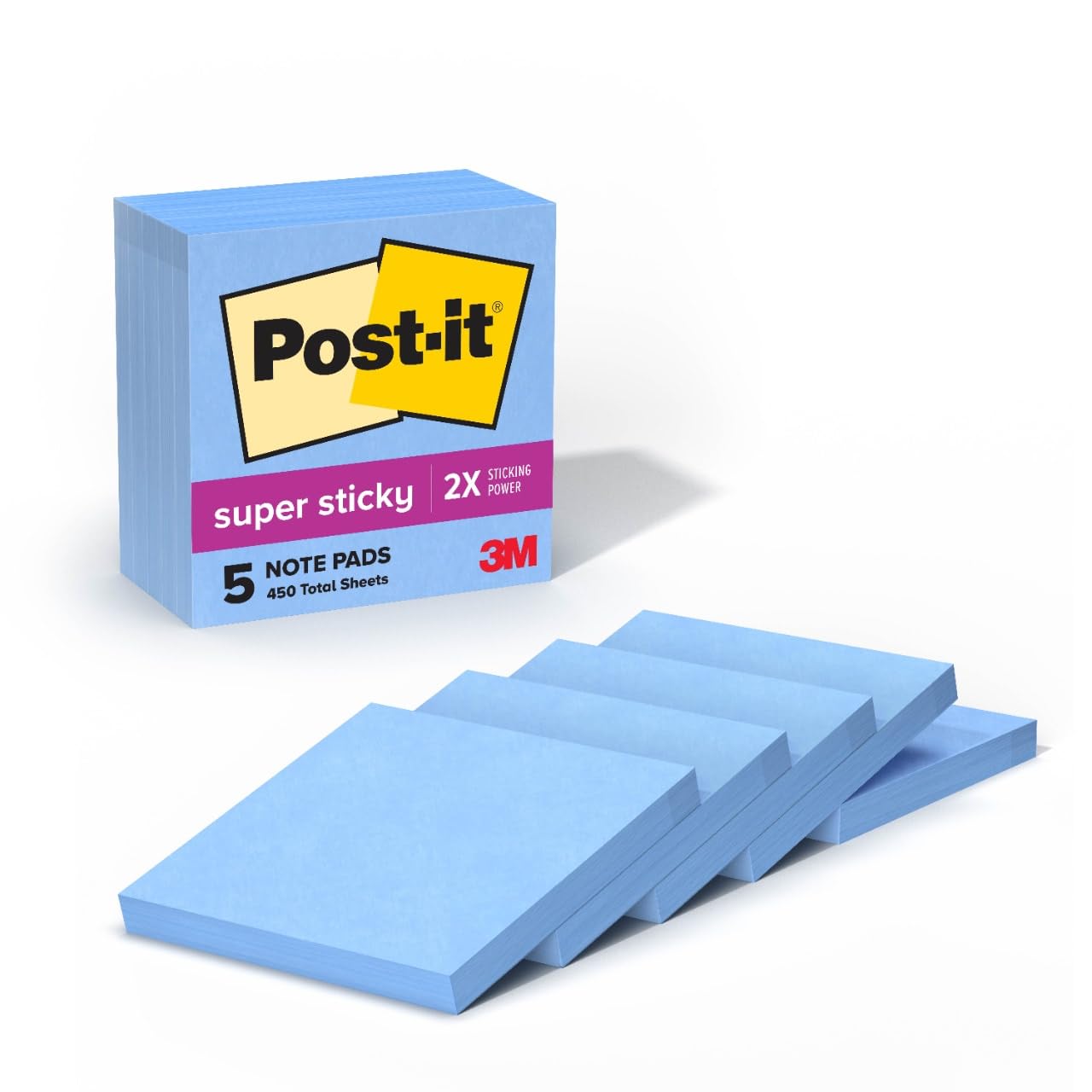 Post-it Super Sticky Notes, 5 Sticky Note Pads, 3 x 3 in., School Supplies, Office Products, Sticky Notes for Vertical Surfaces, Monitors, Walls and Windows, Washed Denim