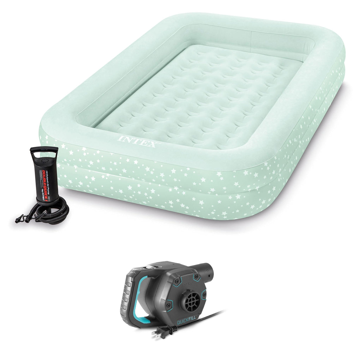 Intex Kids Travel Air Mattress Inflatable Bed with Raised Sides and Hand Pump - Portable Blow-Up Toddler Traveler Bed for Children's Naps or Sleep