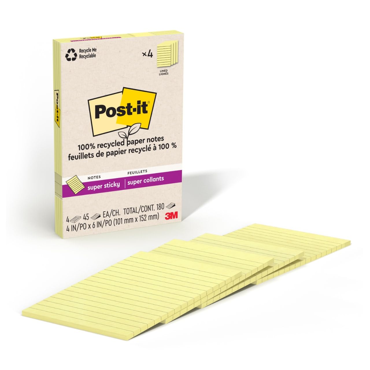 Post-it Super Sticky 100% Recycled Notes, 4 Sticky Note Pads, 4 x 6 in., 2X The Sticking Power, New Year Organization or Second Semester School Supplies, Canary Yellow