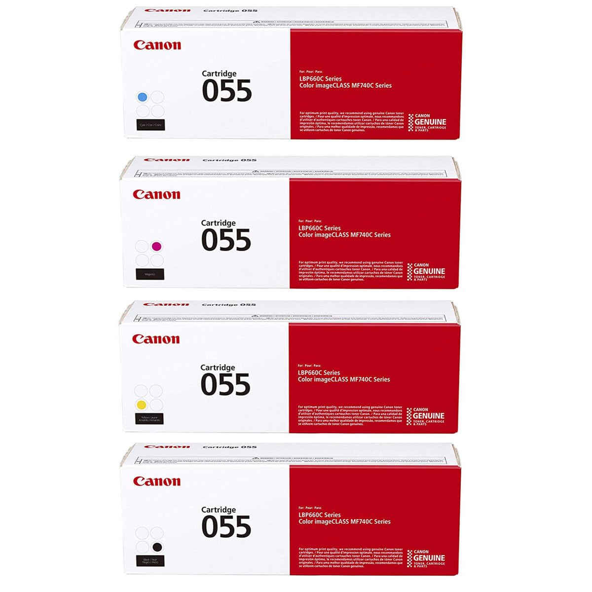 Canon CRG 055 Standard Capacity Toner Cartridge for MF743 & MF741 Printers, Bundle with 4 Individual Retail Packs - Black/Cyan/Magenta/Yellow