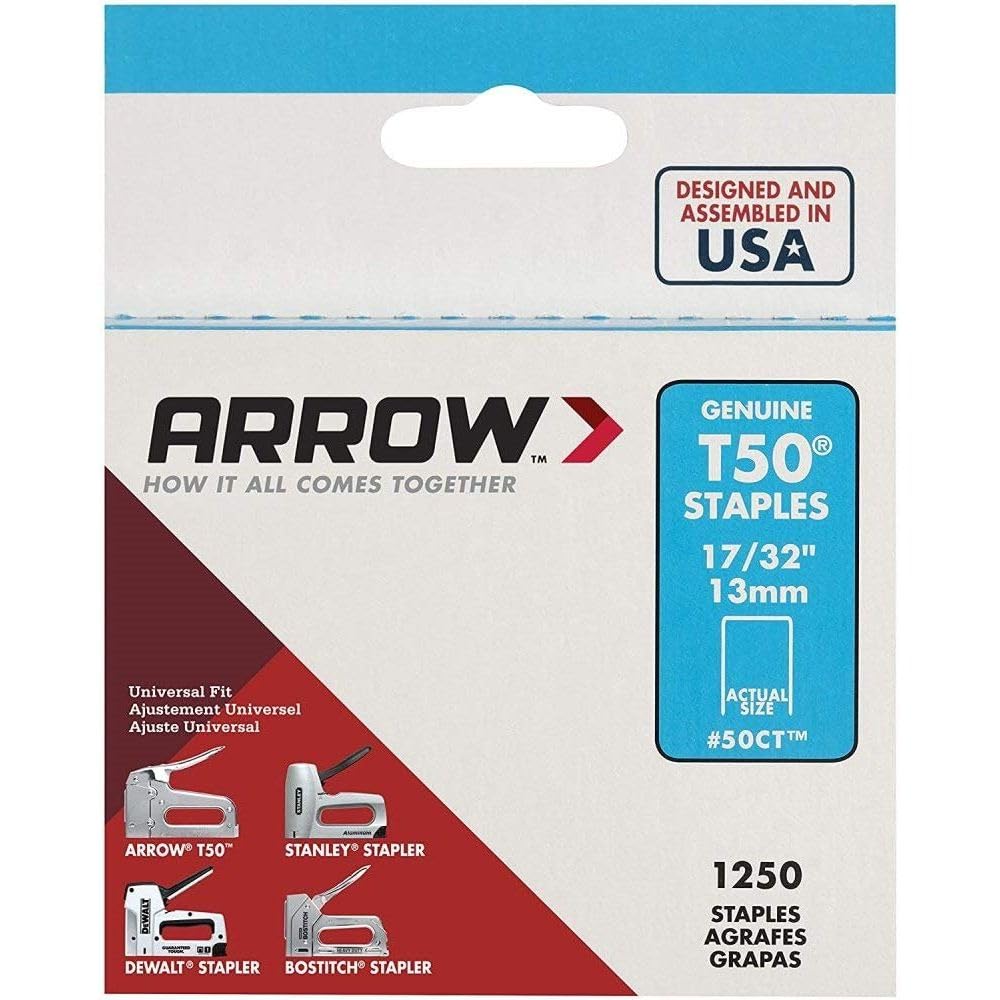 Arrow 50CT T50 Heavy Duty Staples for Staple Guns, Use for Ceiling Tile, Upholstery, Construction, Furniture, Crafts, 17/32-Inch, 1250-Pack
