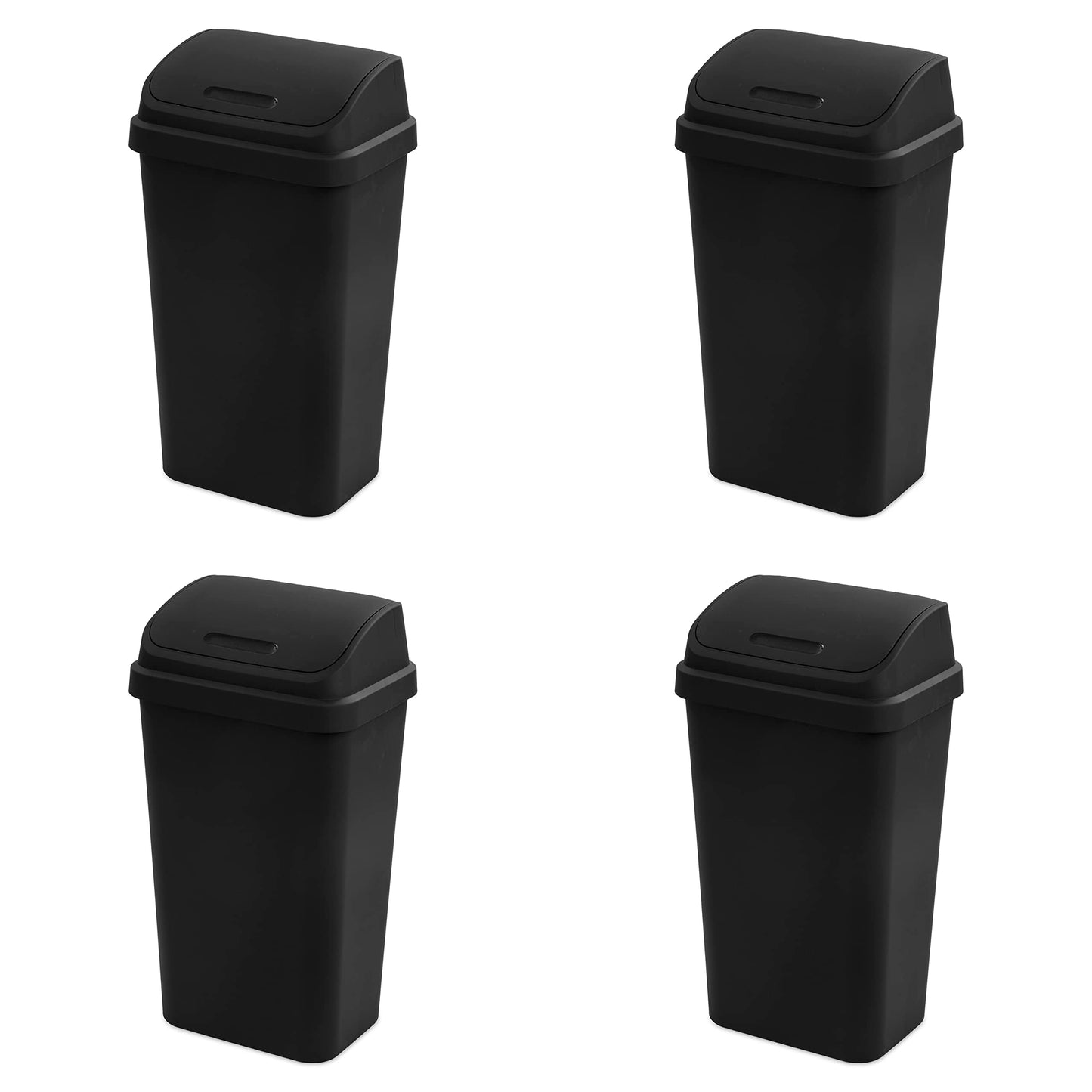 Sterilite 13 Gallon Swing Top Wastebasket with Lid, Large Plastic Trash Can for The Kitchen & Mudroom, Black Lid and Base, 4-Pack