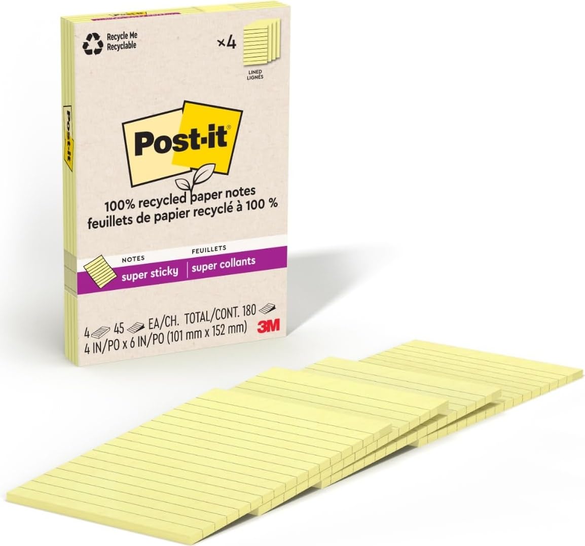 Post-it Super Sticky 100% Recycled Notes, 4 Sticky Note Pads, 4 x 6 in., 2X The Sticking Power, New Year Organization or Second Semester School Supplies, Canary Yellow