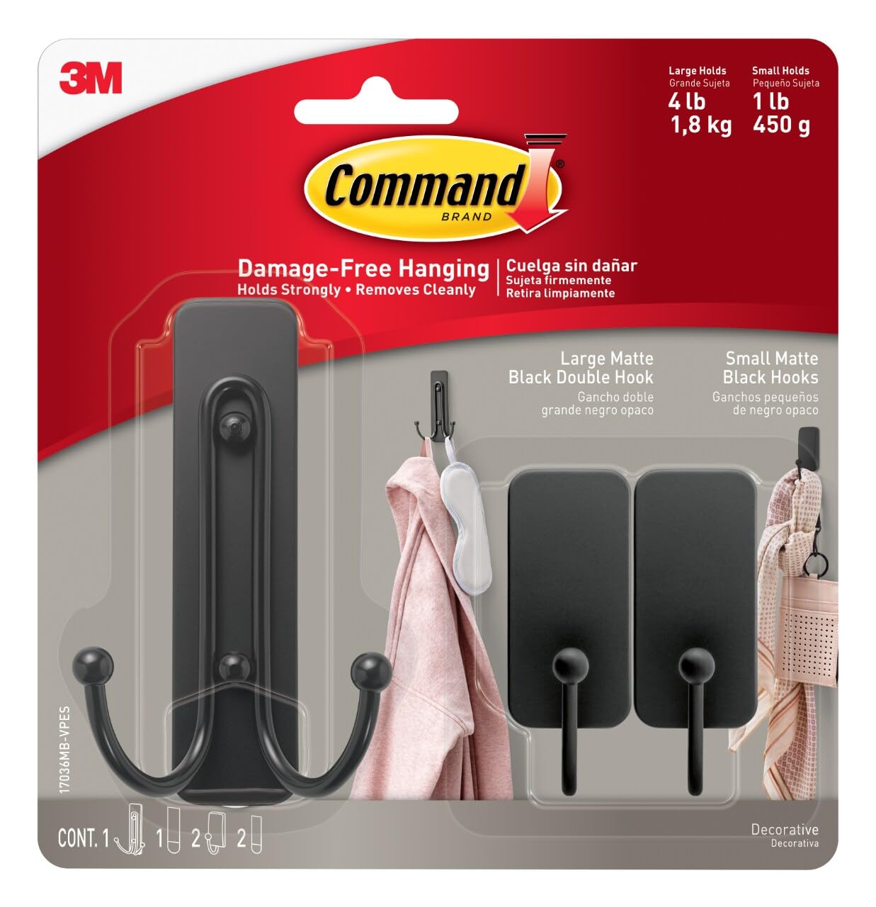 Commandâ„¢ Matte Black Hooks Combo Pack 17036MB-VPES, 3 hooks, 3 strips