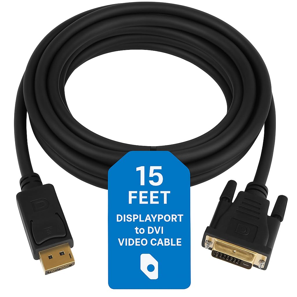 CableWholesale 15 feet DisplayPort to DVI Video Cable, Black, DisplayPort Male to DVI Male, 28 AWG, 1920 x 1080 DVI-D to DisplayPort Cable, for PC/Laptop to Monitor