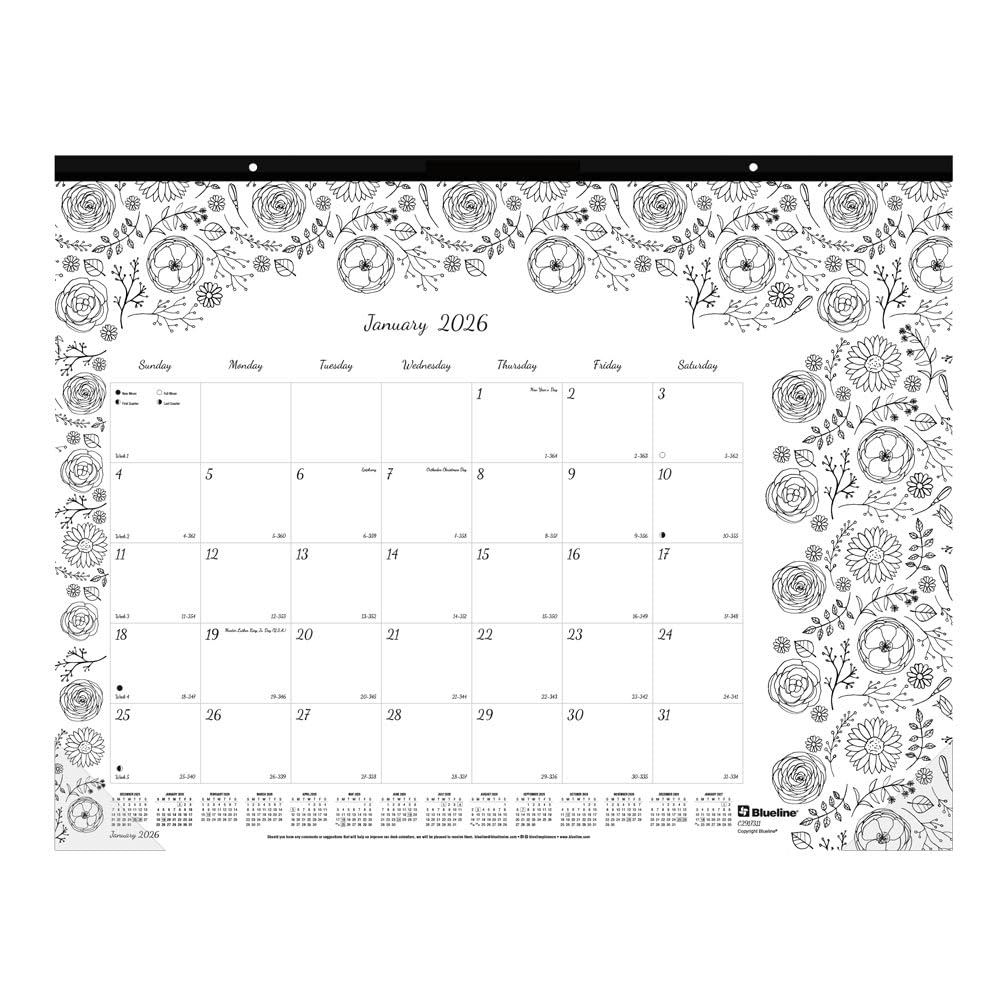 2025 Blueline DoodlePlan Botanica 22-inch x 17-inch Monthly Coloring Desk Pad Calendar, White/Black (C2917311)