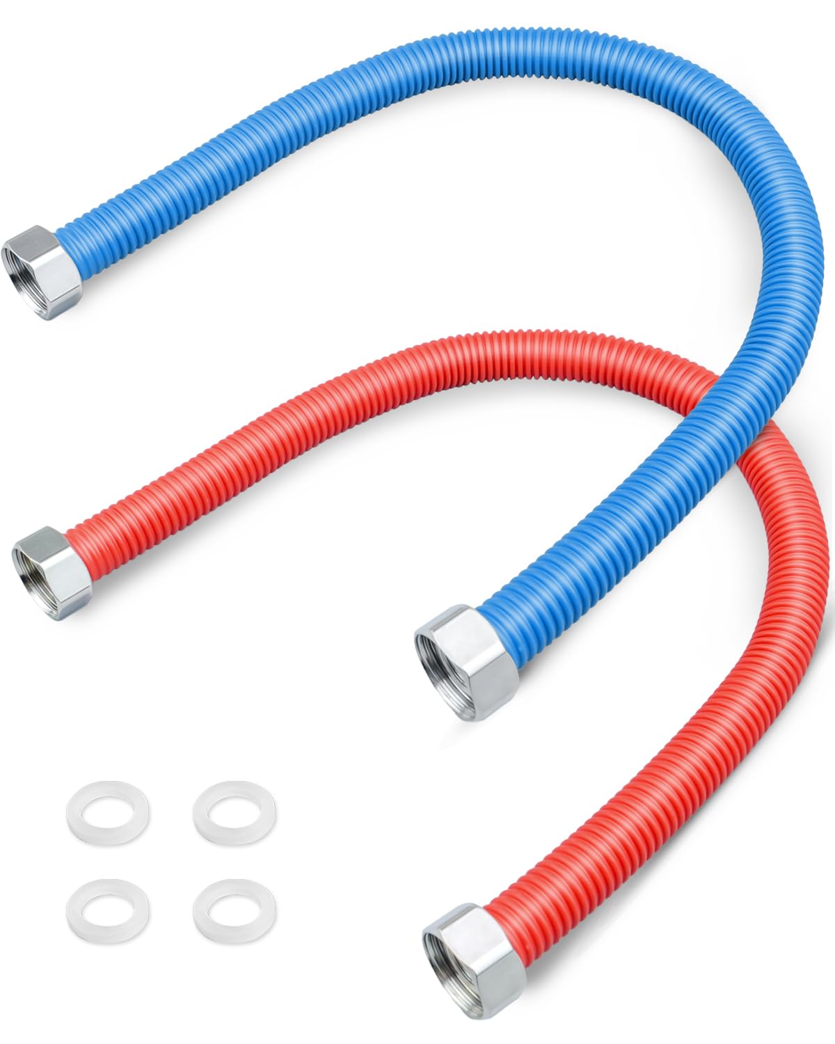 2Pcs Flexible Stainless Steel Corrugated Water Heater Connector, 3/4" FIP x 3/4" FIP Hot and Cold Color Water Heater Flexible Hose, 24" Length
