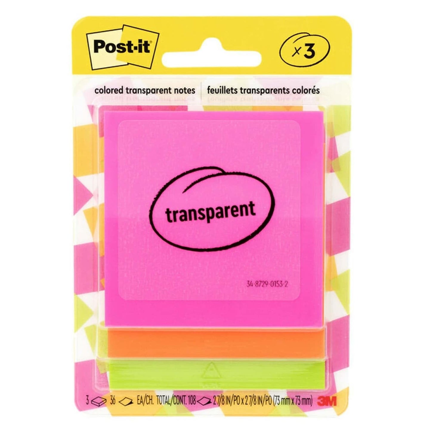 Post-it Transparent Notes Notes, 2.8-inch x 2.8-inch, Assorted Collection, 30 Sheet/Pad, 3 Pads/Pack (600-3COL)