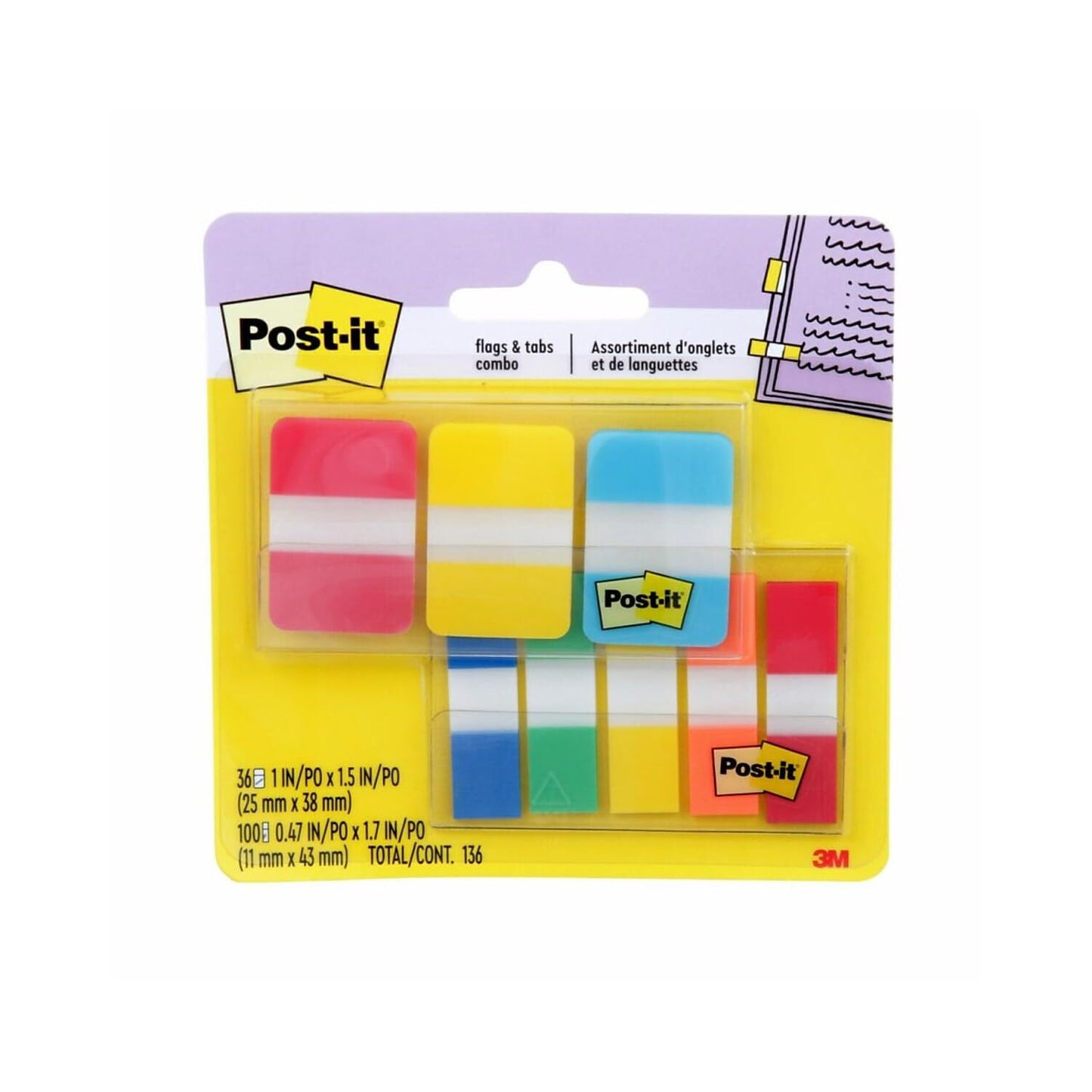 Post-it® Tabs and Flags Combo Pack - Red, Yellow, Blue, Green, Orange - Sticky, Adhesive - 136 Pack