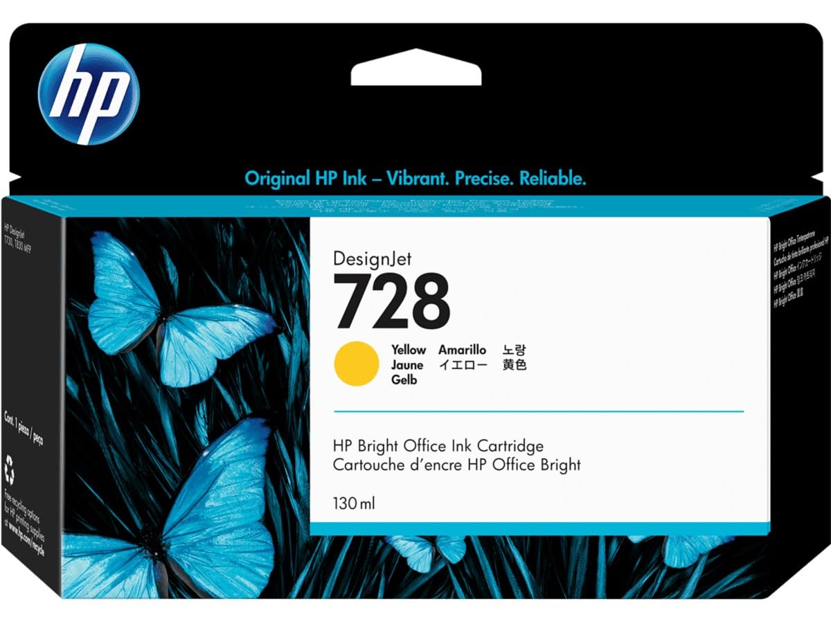 HP 728 Yellow 130-ml Genuine Ink Cartridge (F9J65A) for DesignJet T830 MFP & T730 Large Format Plotter Printers