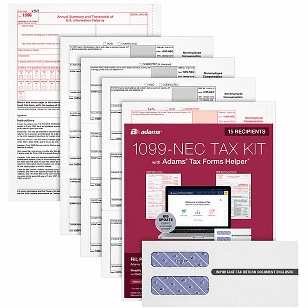 Adams 5-Part 1099-NEC Online Tax Kit, Fiscal Year: 2022, Five-Part Carbonless, 8.5 x 3.66, 3 Forms/Sheet, 15 Forms Total