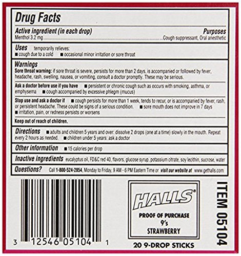 Halls Relief Strawberry Cough Drops 9pc Stick