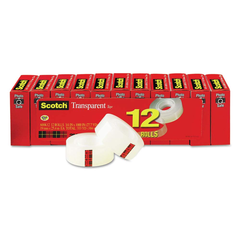Scotch 600K12 Transparent Tape, Refill, 1-Inch Core, 3/4-Inch x1000-Inch, 12/PK