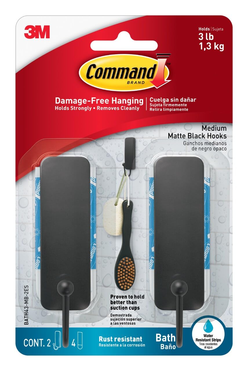 3M Command Medium Black Bath Hooks, 2-Pack