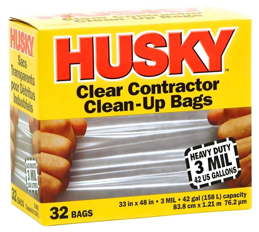 Husky Heavy Duty Clean-Up Trash Bag, Polyethylene Resin, 42 gal, 45-1/8 in L x 32-3/4 in W x 3 mil T, Clear