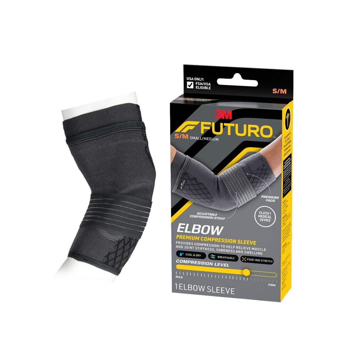 FUTURO Premium Compression Elbow Sleeve, with Wrap-Around Strap and Two Gel Pressure Pads, for Mild Tendonitis, Golfer’s Elbow, Tennis Elbow, Swelling, Sprains, and Strains, S/M
