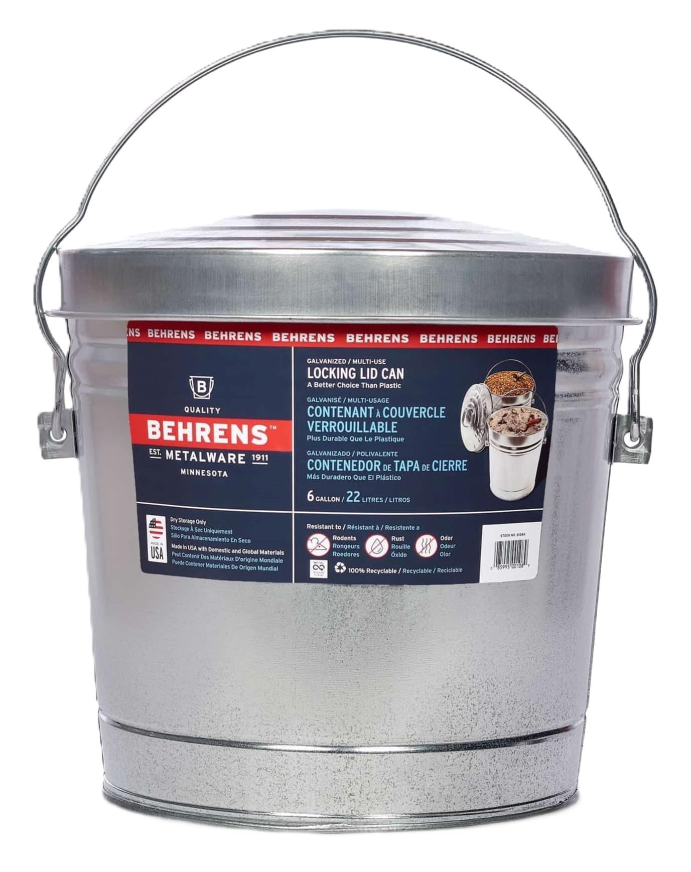 Behrens 6 Gallon Rust Proof Galvanized Steel Locking Lid Dry Storage Recyclable Trash Can for Outdoor and Indoor Storage and Waste Disposal